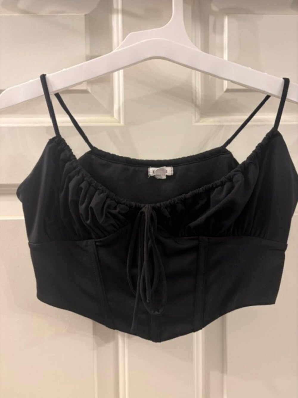 Garage Whitney black bustier crop top with ruched front and tie detail
